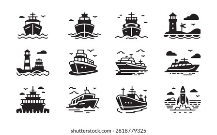Maritime travel elements including diverse ocean vessels navigation aids coastal scenery graphic symbols.