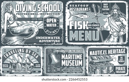 Volantes de época de vacaciones marítimas monocroma con cofre del tesoro de reliquias submarinas del museo y publicidad de mariscos de mariscos ilustración vectorial