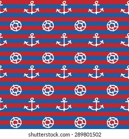 Maritime vector seamless pattern with anchor and lifebuoy on stripped background