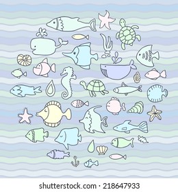 Maritime, vector set, fish in the waves