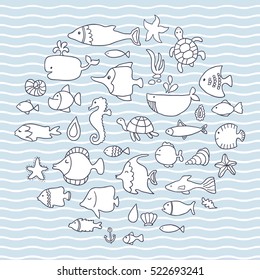 Maritime, vector set, fish in the waves. Beautiful vector design.