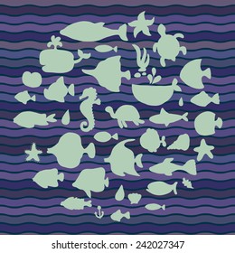 Maritime, vector set, silhouettes fish in the waves
