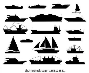 Maritime vessel silhouette. small sailboat, travel cruise boats and ship, yacht and boating transportation vessels vector black isolated icons