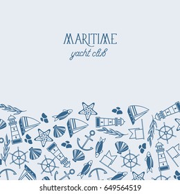Maritime yacht club poster with different numerous blue and white symbols including fish, ship, marine and seamless pattern on one paper vector illustration