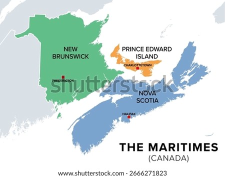 The Maritimes, the Maritime provinces of Canada, multi colored map. Region of Eastern Canada, consisting of the three provinces New Brunswick, Nova Scotia, and Prince Edward Island. Isolated. Vector