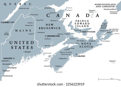 The Maritimes region of Eastern Canada, also called Maritime provinces, gray political map, with capitals, borders and large cities. The provinces New Brunswick, Nova Scotia, and Prince Edward Island.