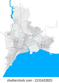 Mariupol, Donetsk Oblast, Ukraine high resolution vector map with city boundaries and outlined paths. White additional outlines for main roads. Many detailes. Blue shapes and lines for water.