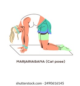 Marjariasana, cat cow exersice tutorial. Young woman training, practice yoga pose. Sportswoman stands in zen posture, asana, stretches during sport training. Flat isolated vector illustration on white