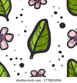 Patrón sin fisuras del vector Marjoram. Grunge hojas estilizadas sobre fondo blanco. Hojas aromáticas y hierbas aromáticas de colores. Papel envuelto, papel pintado, diseño textil. Aromaterapia y medicina alternativa.