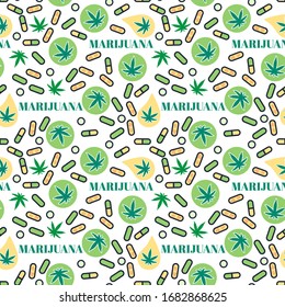Marjuana pills Seamless pattern with leaf hemp. Organic Cannabis THC tablets. Vector texture on white background. Surface design medical legalize backdrop