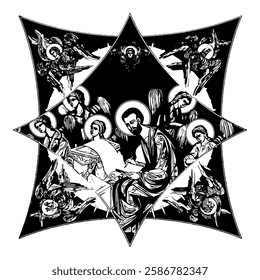 Mark the Apostle on cross dome with 4 apostles, angels and seraphim. Ink illustration black and white in Byzantine style isolated