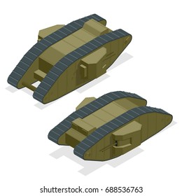 Mark I British heavy tank during the First World War The founder of the family of British "diamond-shaped" tanks Isometric vector war transport Armoured fighting vehicle designed for front-line combat