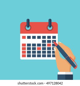 Mark calendar, planning, record with reminders. Calendar in hands of a businessman with the plan for month.  Organizer. Vector illustration. Flat design style.