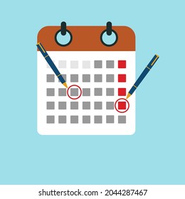 Mark calendar. Vector illustration flat style. Close-up hand businessman with red pen. Date circled. Cartoon style. Week day month.