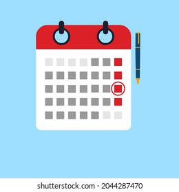Mark calendar. Vector illustration flat style. Close-up hand businessman with red pen. Date circled. Cartoon style. Week day month.