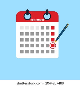 Mark calendar. Vector illustration flat style. Close-up hand businessman with red pen. Date circled. Cartoon style. Week day month.