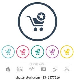 Mark cart item flat color icons in round outlines. 6 bonus icons included.