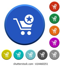 Mark cart item round color beveled buttons with smooth surfaces and flat white icons