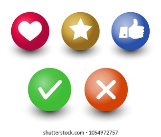 mark check o.k.,cancel, like, voting and rating vector icon set,  hand with thumb up, star and heart symbol in color 3d circle buttons with shadow