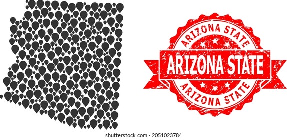 Mark collage map of Arizona State and scratched ribbon stamp. Red stamp contains Arizona State caption inside ribbon. Abstract map of Arizona State is done of randomized destination symbols.