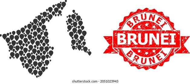 Markieren Sie Collage Karte von Brunei und gekratzte Banddichtung. Rotes Siegel enthält Brunei-Anhänger im Band. Die abstrakte Karte Bruneis wird aus verstreuten Markensätzen gebildet. Abstraktes Schema.
