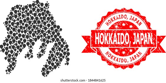 Markieren Sie die Collage-Karte von Gambier Island und kratzen Sie die Bandmarke. Rote Briefmarke hat Hokkaido, Japan Tag in Band. Die abstrakte Karte von Gambier Island ist aus randomisierten Markerartikeln aufgebaut. Abstrakter Plan.