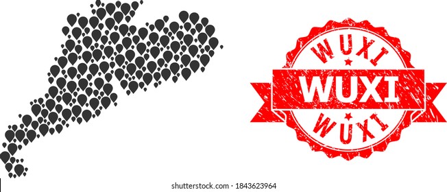 Marcar el mapa de collage de la provincia de Guangdong y el precinto de cinta rasgada. El sello rojo tiene la leyenda de Wuxi dentro de la cinta. Mapa abstracto de la provincia de Guangdong creado con iconos de marcas al azar. Plan de turismo.