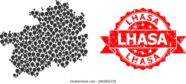 Mark collage map of Guizhou Province and grunge ribbon stamp. Red stamp seal has Lhasa tag inside ribbon. Abstract map of Guizhou Province is formed with random mark elements. Tourism plan.