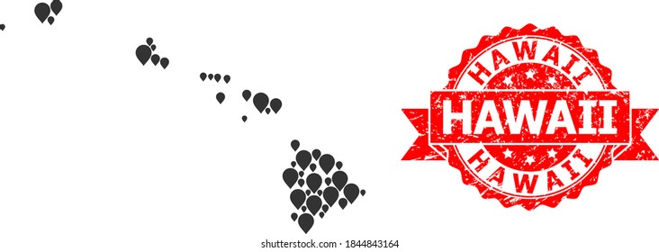Mark collage map of Hawaii State and grunge ribbon watermark. Red seal has Hawaii title inside ribbon. Abstract map of Hawaii State is done from random mark icons. Abstract scheme.
