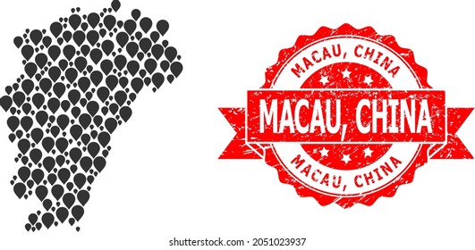 Markieren Sie Collage Karte der Provinz Jiangxi und farbige Schleife Stempel. Rote Stempelrobbe enthält Macau, China-Anhänger in Band. Abstrakte Karte der Provinz Jiangxi ist aus zufälligen Pin-Artikeln entworfen. Abstrakter Plan.