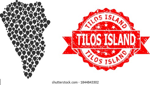 Mark collage map of La Palma Island and scratched ribbon stamp. Red stamp contains Tilos Island title inside ribbon. Abstract map of La Palma Island is formed from scattered pinpoint items.