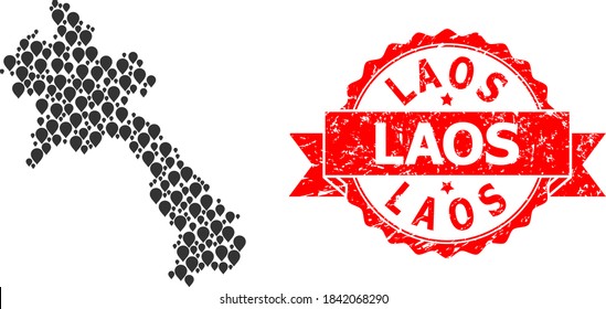 Mark collage map of Laos and scratched ribbon stamp. Red stamp seal contains Laos title inside ribbon. Abstract map of Laos is created from randomized pin symbols. Abstract plan.