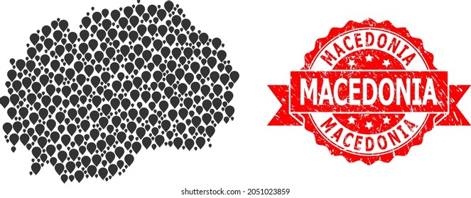 Mark collage map of Macedonia and scratched ribbon stamp. Red stamp seal includes Macedonia caption inside ribbon. Abstract map of Macedonia is done with randomized mark elements. Abstract scheme.