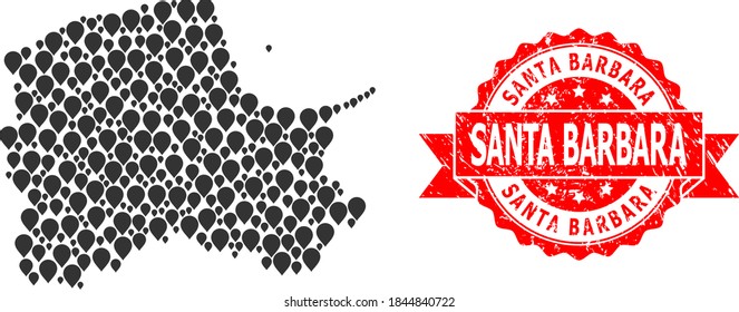 Markieren Sie die Collage Karte der Provinz Pommern und das farbige Band-Siegel. Rote Stempelrobbe enthält den Titel von Santa Barbara in der Schleife. Die abstrakte Landkarte der Provinz Pommern besteht aus Zufallselementen.