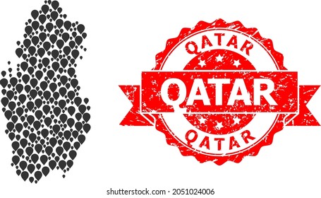 Mark collage map of Qatar and scratched ribbon stamp. Red stamp seal has Qatar tag inside ribbon. Abstract map of Qatar is composed of scattered guide items. Abstract plan.