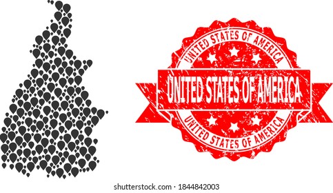 Mark collage map of Tocantins State and scratched ribbon seal. Red stamp seal includes United States of America title inside ribbon. Abstract map of Tocantins State is formed from random pin items.
