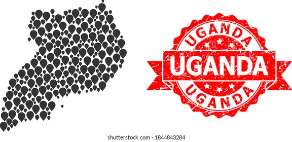 Mark collage map of Uganda and grunge ribbon stamp. Red stamp includes Uganda tag inside ribbon. Abstract map of Uganda is organized with scattered mark items. Abstract plan.