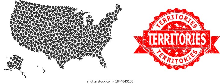Mark collage map of USA territories and scratched ribbon seal. Red seal has Territories text inside ribbon. Abstract map of USA territories is created of random aim items. Abstract scheme.