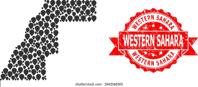 Mark collage map of Western Sahara and grunge ribbon stamp. Red stamp seal has Western Sahara tag inside ribbon. Abstract map of Western Sahara is composed with scattered mark elements.