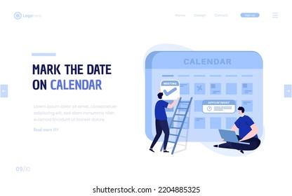 Marcar la fecha en el calendario para el concepto de ilustración de cita en el diseño de la página de aterrizaje