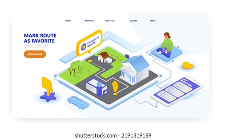 Mark favorite route on map in phone, landing page design, website banner vector template. Road trip planning.