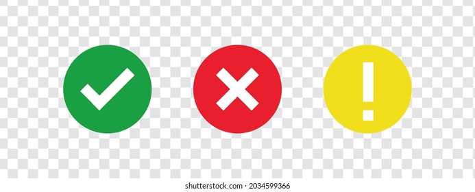 С marca de color verde, signo de exclamación amarillo y marca roja equivocada. alarma de precaución, signo de peligro, marca de verificación, marca X. Estilo plano - vector de stock.