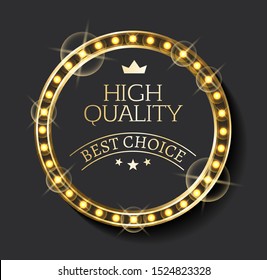 Mark of high quality, golden and shiny circle with shadow, guarantee symbol of best choice. Round emblem decorated by starts and crown, sale vector