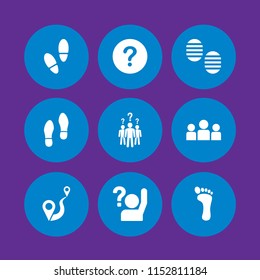 mark icon. 9 mark set with distance to travel between two points, question, footprint and human group with questions and doubts vector icons for web and mobile app