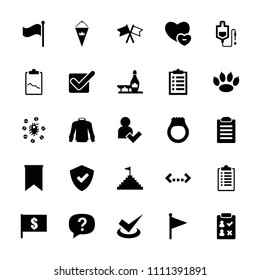 Mark icon. collection of 25 mark filled icons such as champagne and wine glasses, shield, flag with dollar, paw, drop counter, flag. editable mark icons for web and mobile.