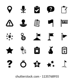 Mark icon. collection of 25 mark filled icons such as flag, sale, question, pear, pin on globe, clipboard, virus and pills. editable mark icons for web and mobile.