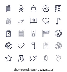 Mark icon. collection of 25 mark outline icons such as stamp, wet floor, flag with dollar, heart with arrow, check list, tick. editable mark icons for web and mobile.