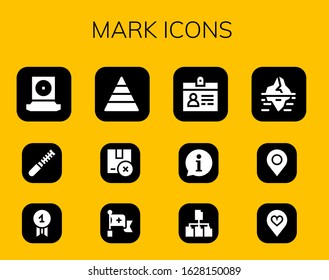 mark icon set. 12 filled mark icons.  Simple modern icons such as: Webcam, File, Quality, Pyramid, Package, Red cross, Accreditation, Information, Iceberg, Pin, Favorite