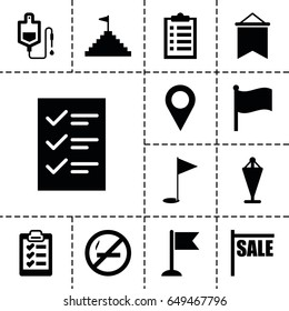 Mark icon. set of 13 filled markicons such as flag, drop counter, clipboard, gold flag, checklist, pyramid flag, location pin, sale