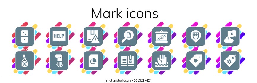 mark icon set. 14 filled mark icons.  Simple modern icons such as: Dominoes, Package, Help, Octopus, Document, File, Manual, Boarding, Location, Price tag, Flag, Tag